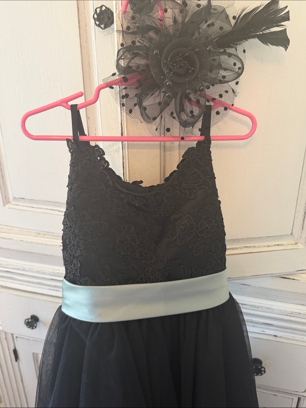 Girls' Black Lace & Tulle Formal Dress with Silver Satin Sash